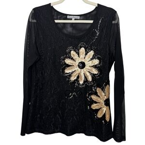 Black Lace Top with Gold Floral Sequins Design Sheer Sleeve size L